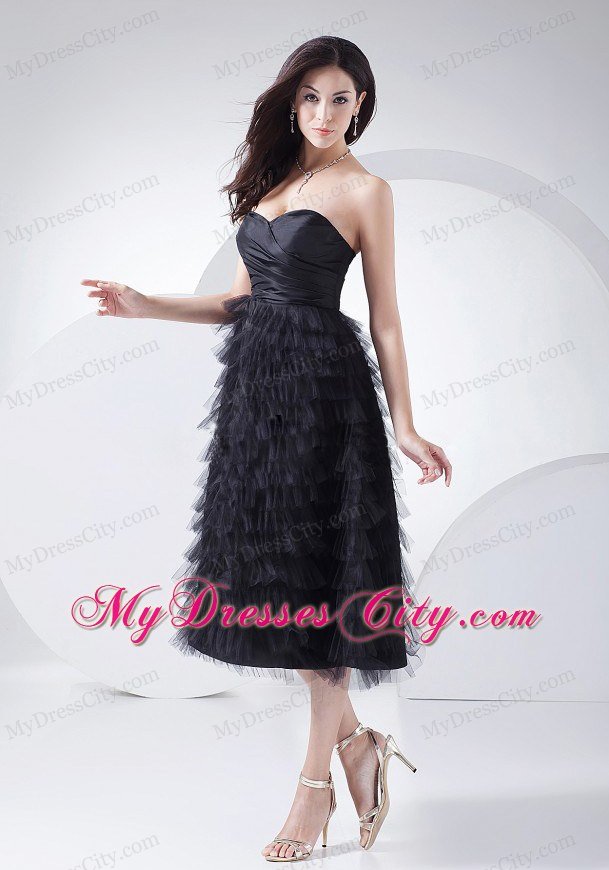 Tea-length Tulle Ruffled Layers Sweetheart Lil Black Dress