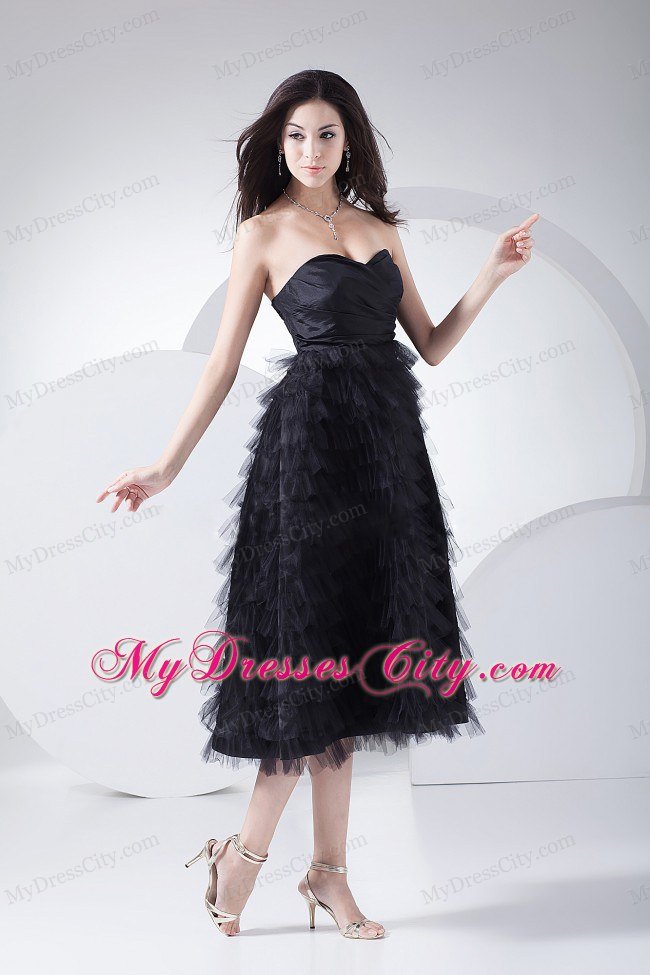 Tea-length Tulle Ruffled Layers Sweetheart Lil Black Dress