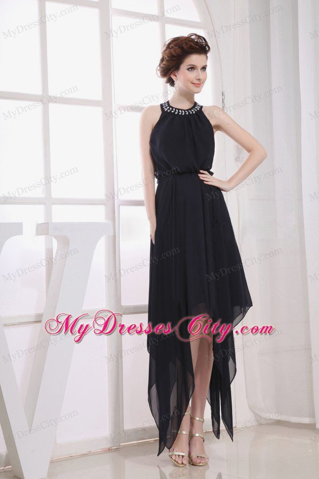 Chiffon Jeweled Neckline Little Black Cocktail Dress with Tail Both Side