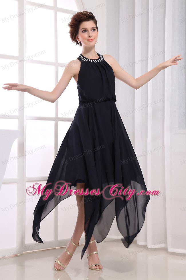 Chiffon Jeweled Neckline Little Black Cocktail Dress with Tail Both Side