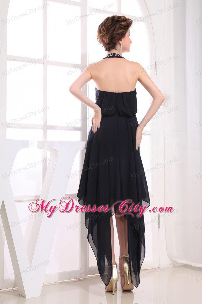 Chiffon Jeweled Neckline Little Black Cocktail Dress with Tail Both Side