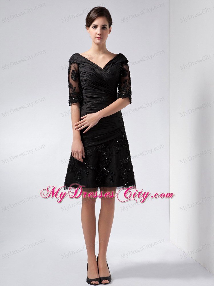 Half Sleeves Ruched V-neck Beaded Lace Little Black Dress