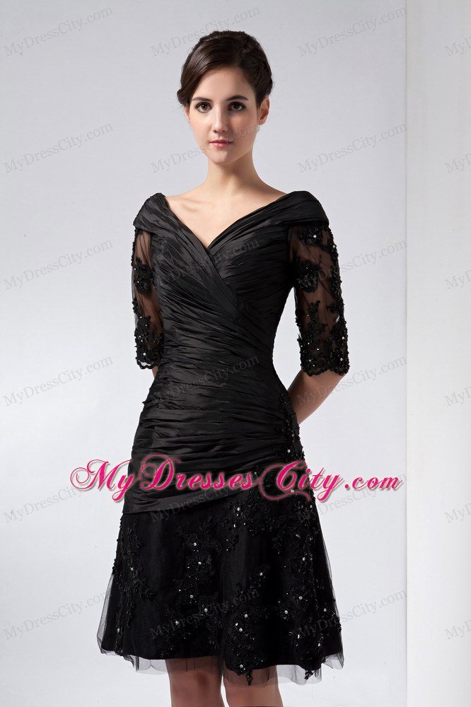 Half Sleeves Ruched V-neck Beaded Lace Little Black Dress