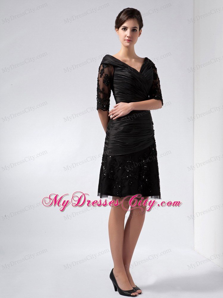 Half Sleeves Ruched V-neck Beaded Lace Little Black Dress