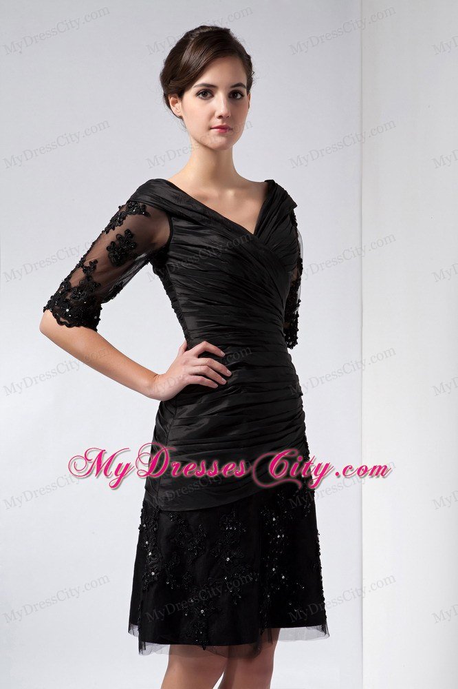 Half Sleeves Ruched V-neck Beaded Lace Little Black Dress