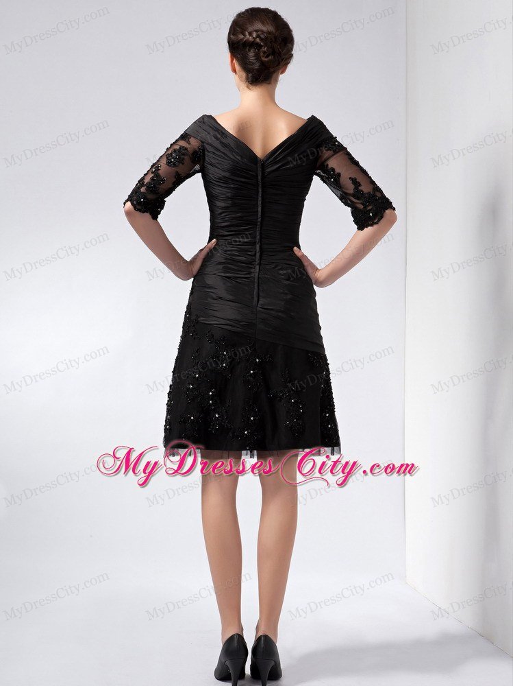 Half Sleeves Ruched V-neck Beaded Lace Little Black Dress