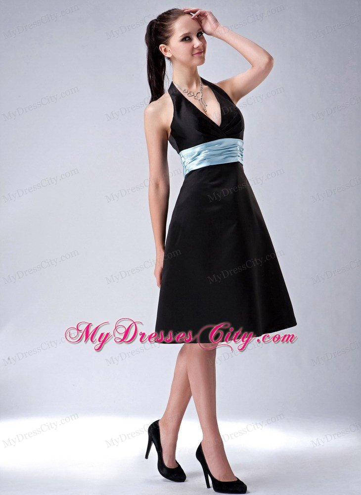 Custom Made A-line Halter Top Little Black Dress with Blue Belt