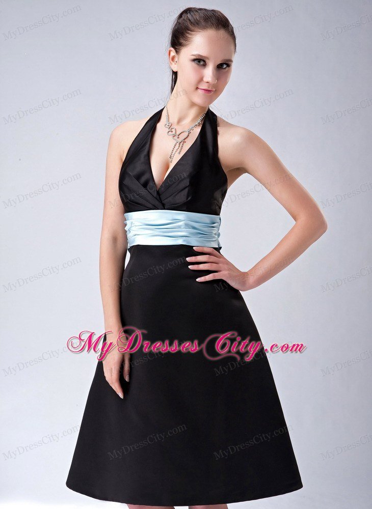 Custom Made A-line Halter Top Little Black Dress with Blue Belt