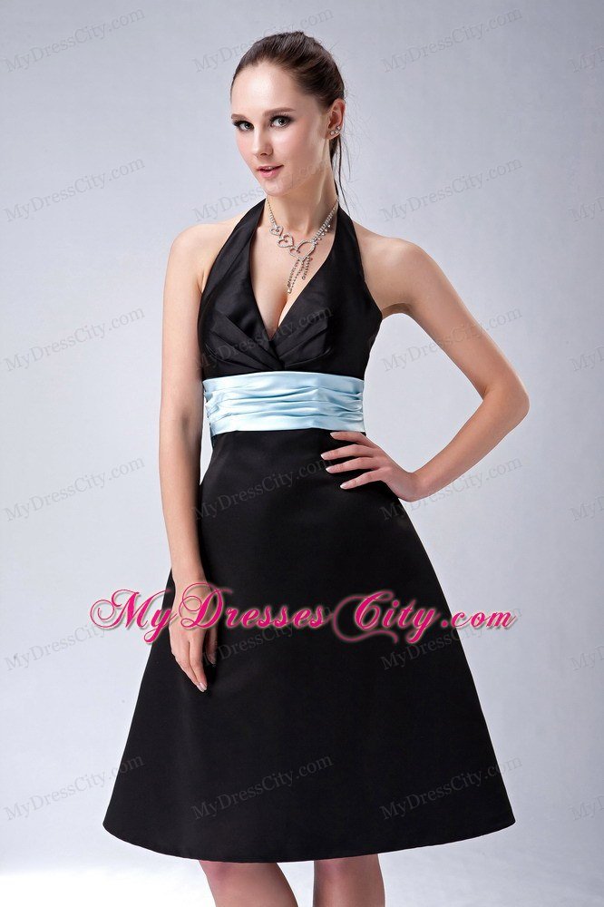 Custom Made A-line Halter Top Little Black Dress with Blue Belt