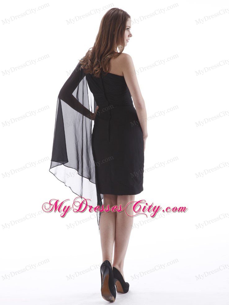 One Shoulder Ruched Black Party Dress with One Long Sleeve