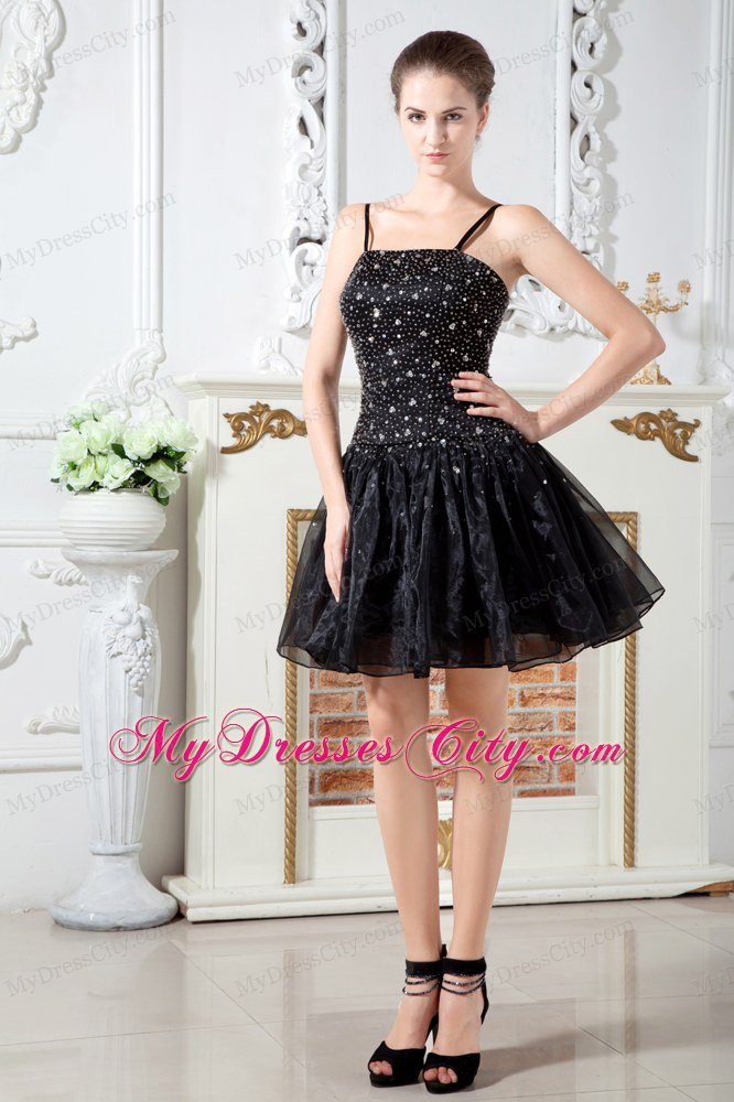 Spaghetti Straps Beading Organza Black Evening Dresses