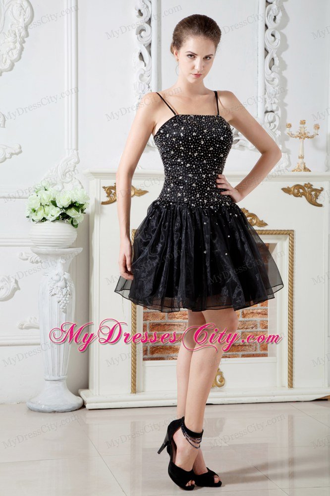 Spaghetti Straps Beading Organza Black Evening Dresses