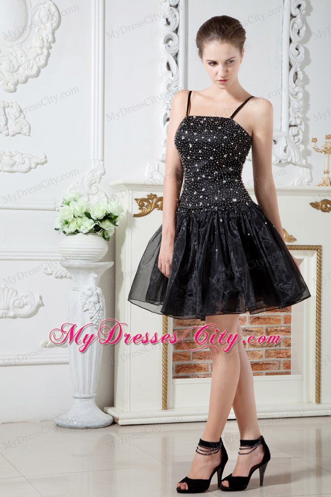 Spaghetti Straps Beading Organza Black Evening Dresses