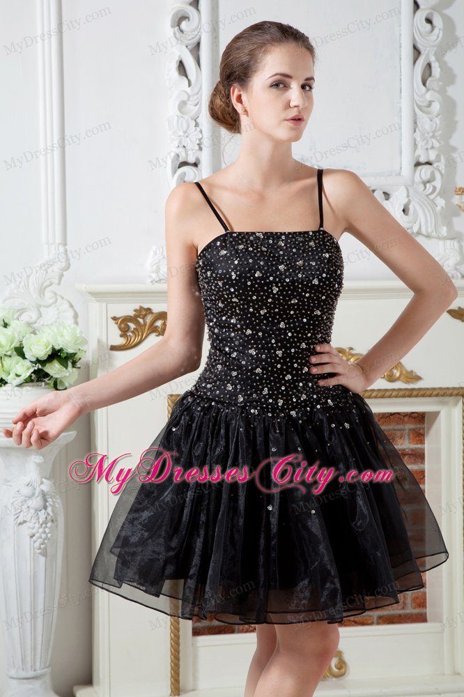 Spaghetti Straps Beading Organza Black Evening Dresses