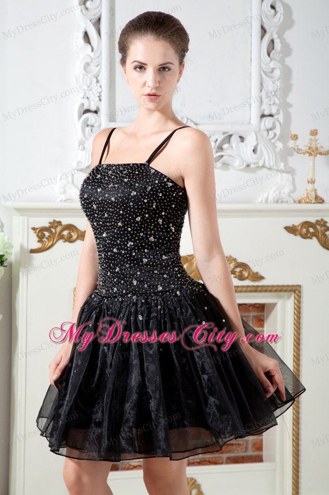 Spaghetti Straps Beading Organza Black Evening Dresses