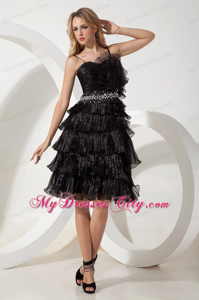 Spaghetti Straps Pleated Lil Black Dress with Beading and Flowers