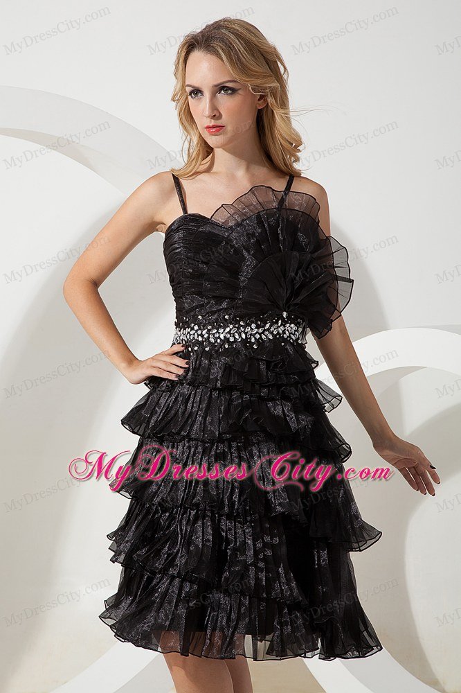 Spaghetti Straps Pleated Lil Black Dress with Beading and Flowers