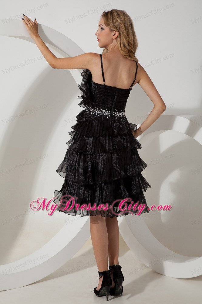 Spaghetti Straps Pleated Lil Black Dress with Beading and Flowers