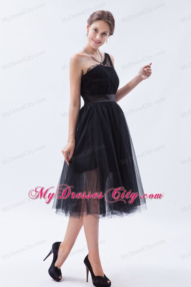 Tea-length A-line Princess Little Black Cocktail Dress with Belt