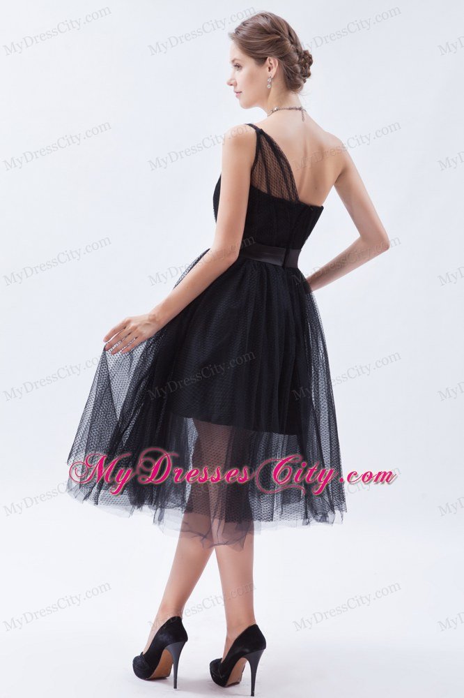 Tea-length A-line Princess Little Black Cocktail Dress with Belt