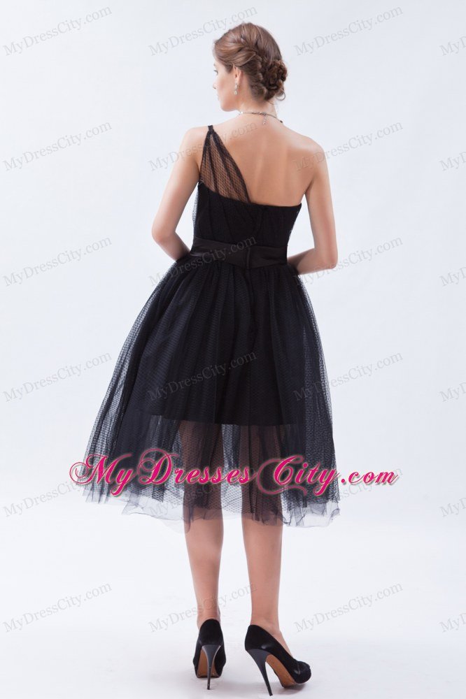 Tea-length A-line Princess Little Black Cocktail Dress with Belt