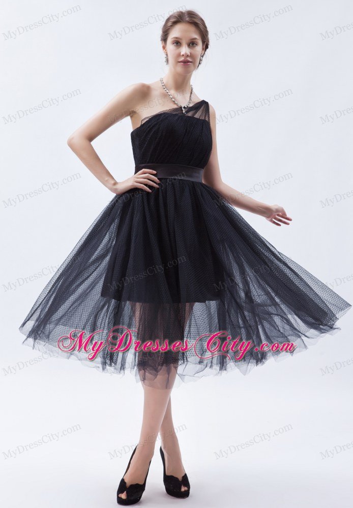 Tea-length A-line Princess Little Black Cocktail Dress with Belt