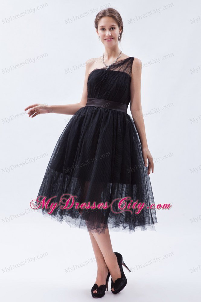 Tea-length A-line Princess Little Black Cocktail Dress with Belt