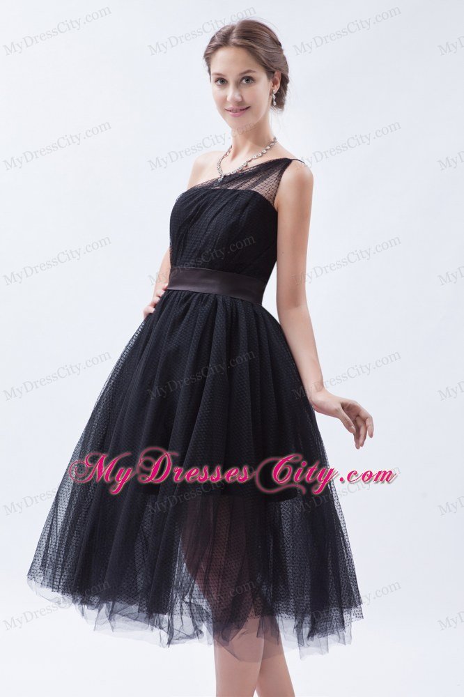 Tea-length A-line Princess Little Black Cocktail Dress with Belt