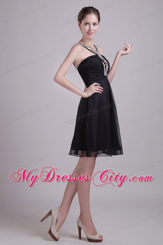 Short V-neck A-line Little Black Dresses with Colorful Beading