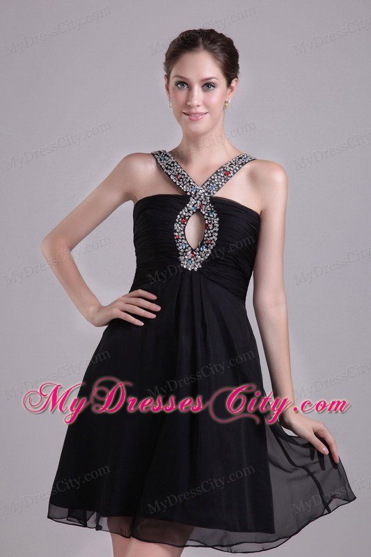 Short V-neck A-line Little Black Dresses with Colorful Beading