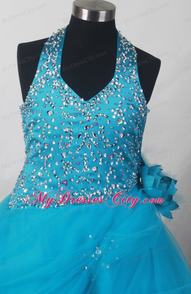 Beaded Teal Floral Halter Little Girl Pageant Dresses for Cheap