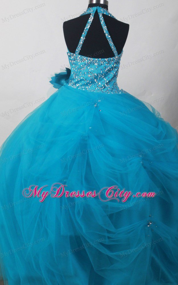 Beaded Teal Floral Halter Little Girl Pageant Dresses for Cheap