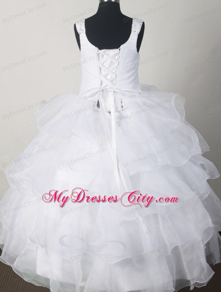 White Scoop little Girl Dress with Beading and Rufled Layers