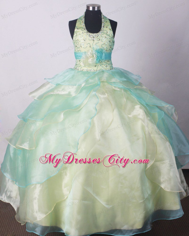 Yellow Green Beaded Little Girl Pageant Dresses Hand Made Flower