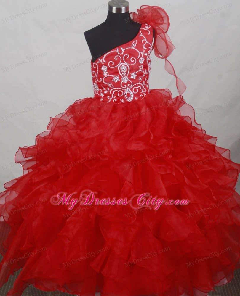 Red One Shoulder Embroidery Little Girl Pageant Dress Ruffled