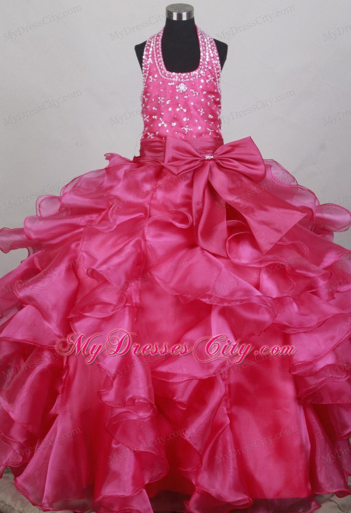 Fushsia Halter Beaded Bowknot Ruffled Flower Girl Pageant Dress