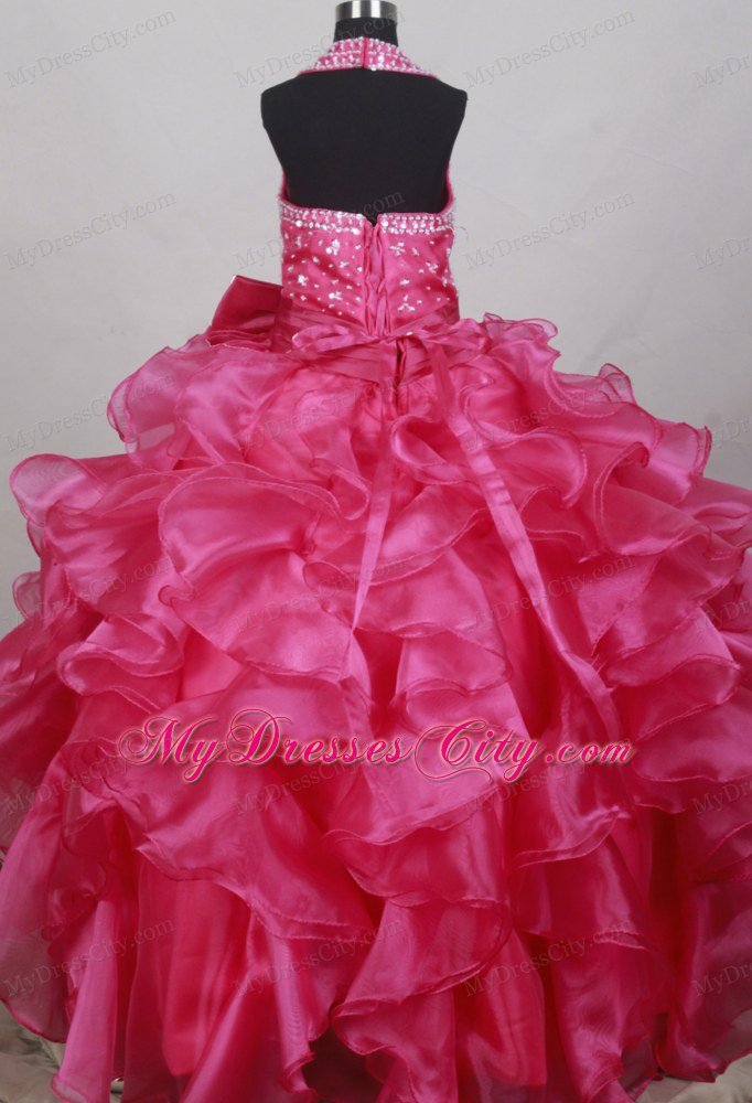 Fushsia Halter Beaded Bowknot Ruffled Flower Girl Pageant Dress