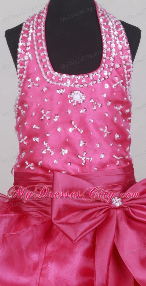 Fushsia Halter Beaded Bowknot Ruffled Flower Girl Pageant Dress