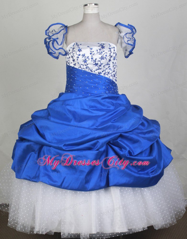 Embroidery Blue and White Pageant Dress with Ruffled Sleeves