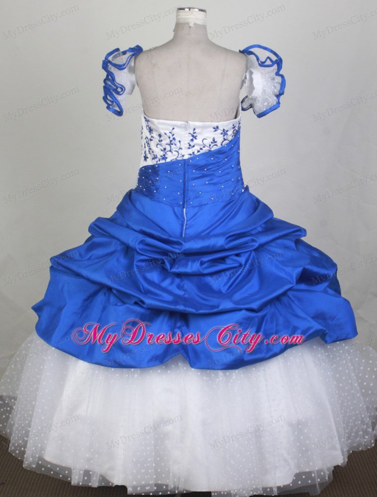 Embroidery Blue and White Pageant Dress with Ruffled Sleeves