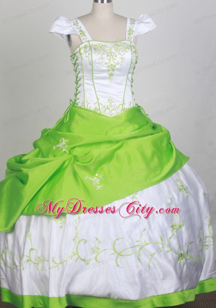 White and Spring Green Embroidery Square Glitz Pageant Dress