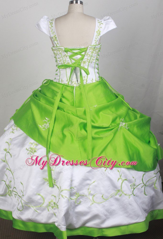 White and Spring Green Embroidery Square Glitz Pageant Dress