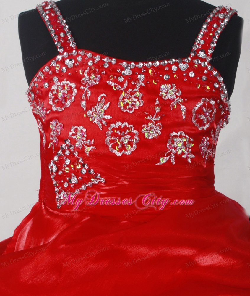 Wine Red Beaded Straps Embroidery Little Girl Pageant Dresses