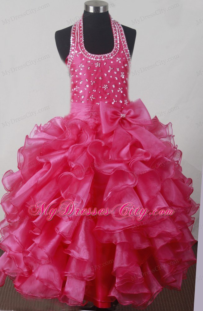 Beading Bowknot Ruffles Little Girl Pageant Dress with Halter