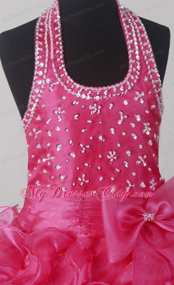 Beading Bowknot Ruffles Little Girl Pageant Dress with Halter