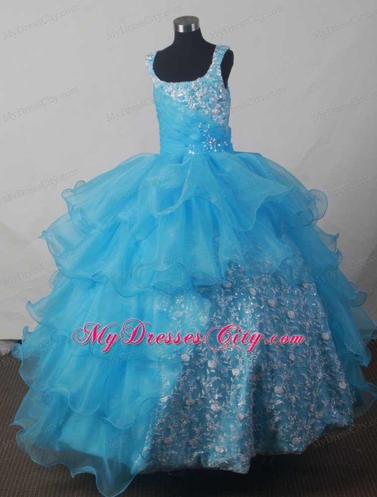 Appliques Strap Forming Scoop Aqua blue Little Girl Pageant Dress