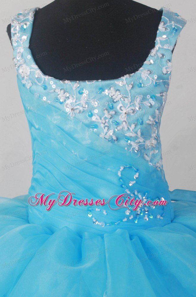 Appliques Strap Forming Scoop Aqua blue Little Girl Pageant Dress