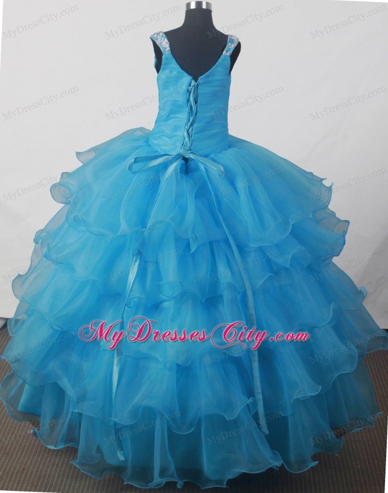 Appliques Strap Forming Scoop Aqua blue Little Girl Pageant Dress