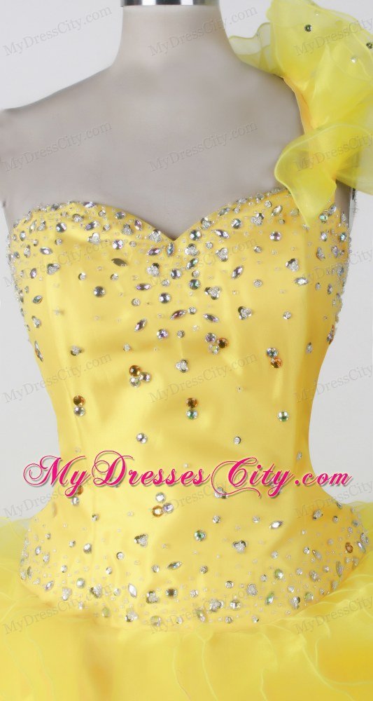 Beading Ruffles One Shouldder Yellow Pageant Dresses for Kids