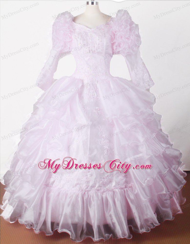 Long Sleeves with Bubble Little Gril Pageant Dress in V-neck